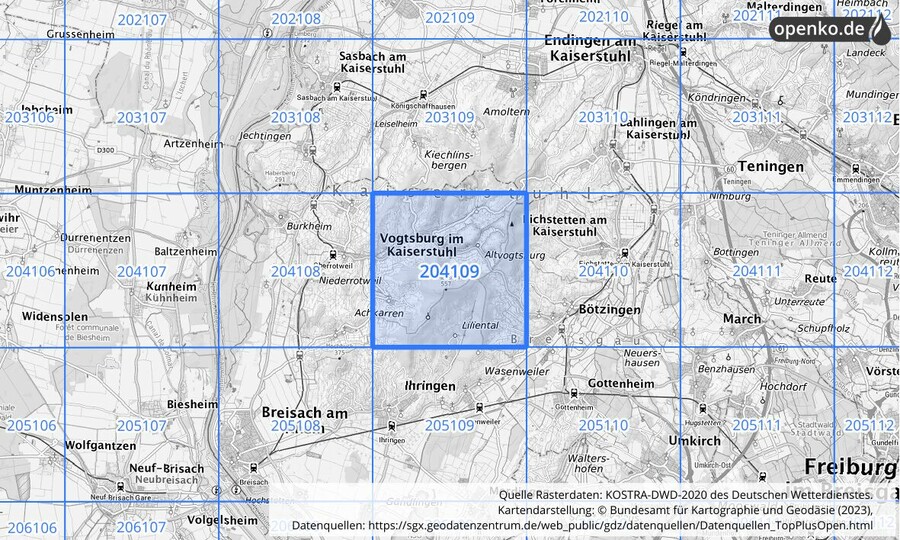 Übersichtskarte des KOSTRA-DWD-2020-Rasterfeldes Nr. 204109