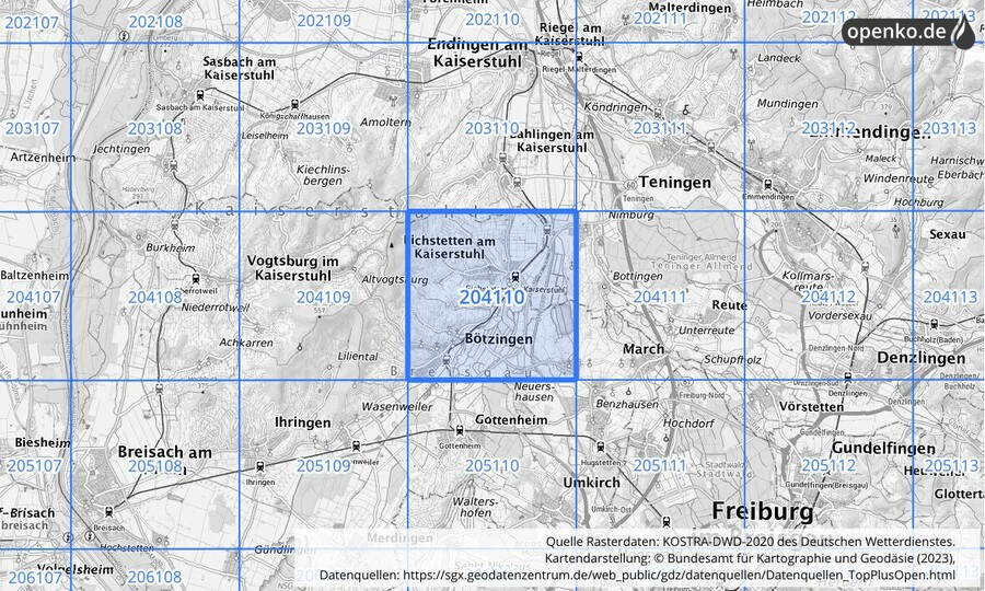 Übersichtskarte des KOSTRA-DWD-2020-Rasterfeldes Nr. 204110