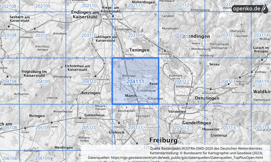 Übersichtskarte des KOSTRA-DWD-2020-Rasterfeldes Nr. 204111