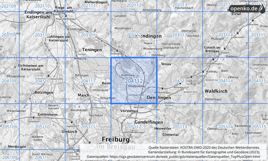 Übersichtskarte des KOSTRA-DWD-2020-Rasterfeldes Nr. 204112