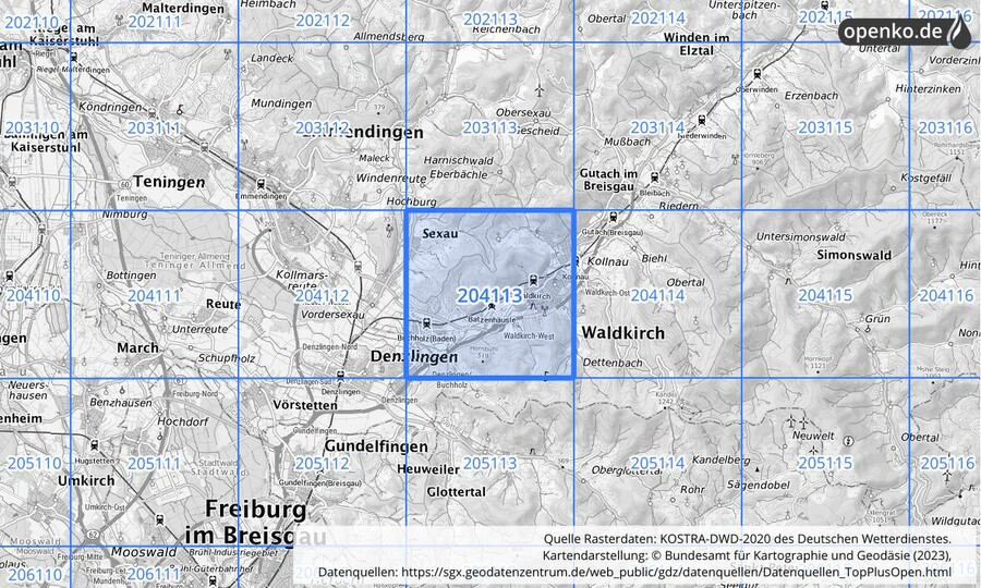 Übersichtskarte des KOSTRA-DWD-2020-Rasterfeldes Nr. 204113