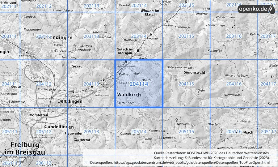 Übersichtskarte des KOSTRA-DWD-2020-Rasterfeldes Nr. 204114