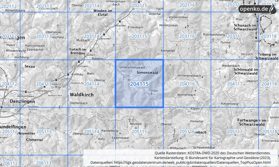 Übersichtskarte des KOSTRA-DWD-2020-Rasterfeldes Nr. 204115