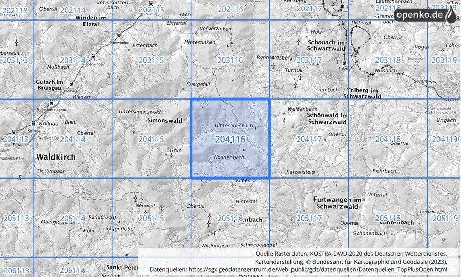 Übersichtskarte des KOSTRA-DWD-2020-Rasterfeldes Nr. 204116