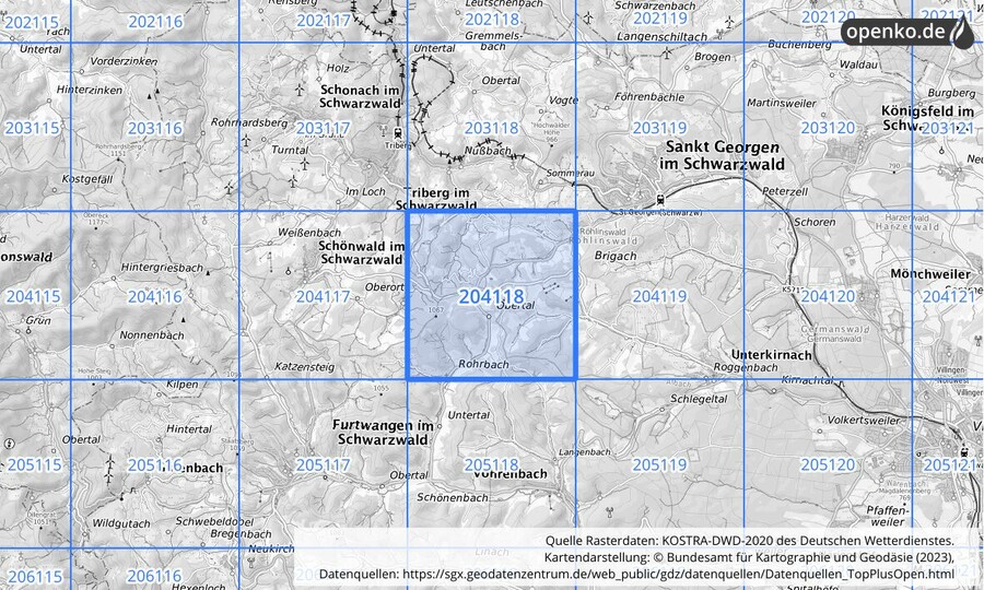 Übersichtskarte des KOSTRA-DWD-2020-Rasterfeldes Nr. 204118