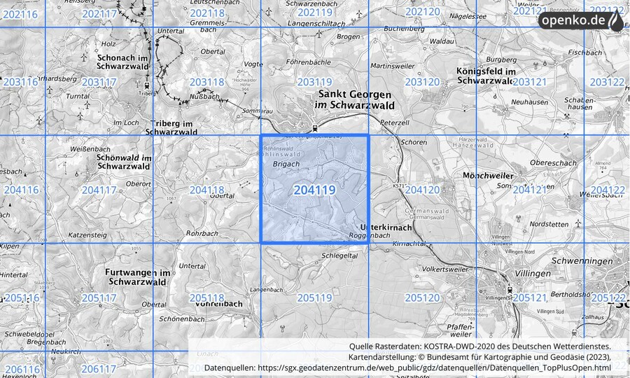 Übersichtskarte des KOSTRA-DWD-2020-Rasterfeldes Nr. 204119