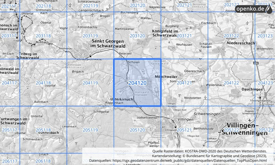 Übersichtskarte des KOSTRA-DWD-2020-Rasterfeldes Nr. 204120