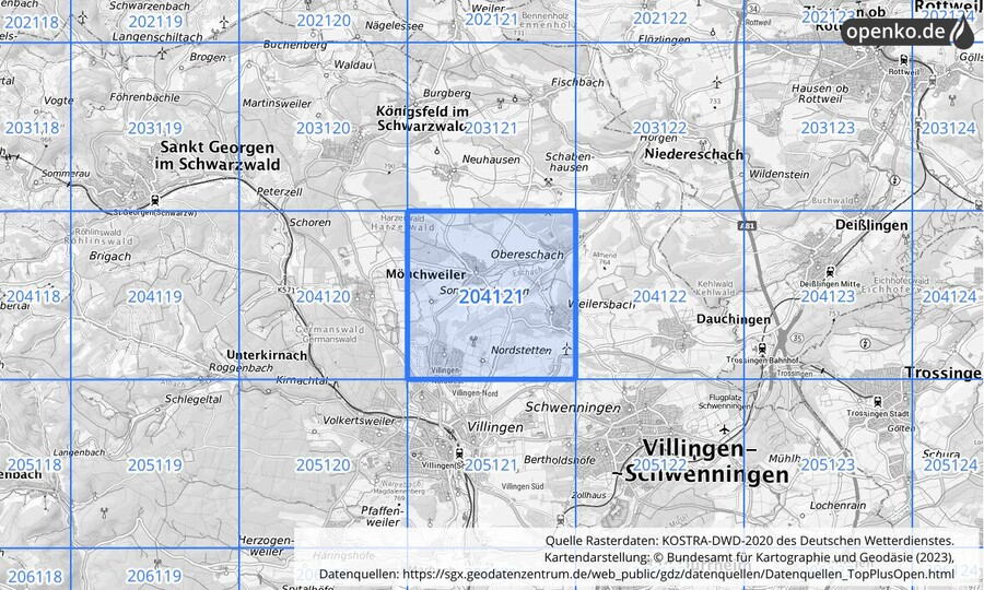 Übersichtskarte des KOSTRA-DWD-2020-Rasterfeldes Nr. 204121