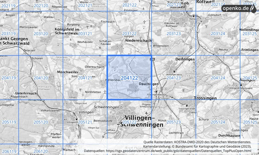 Übersichtskarte des KOSTRA-DWD-2020-Rasterfeldes Nr. 204122