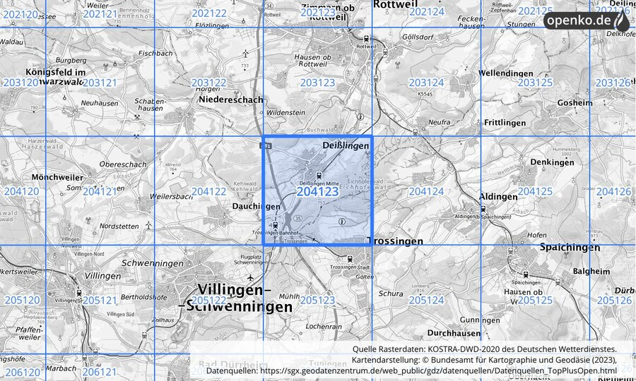 Übersichtskarte des KOSTRA-DWD-2020-Rasterfeldes Nr. 204123