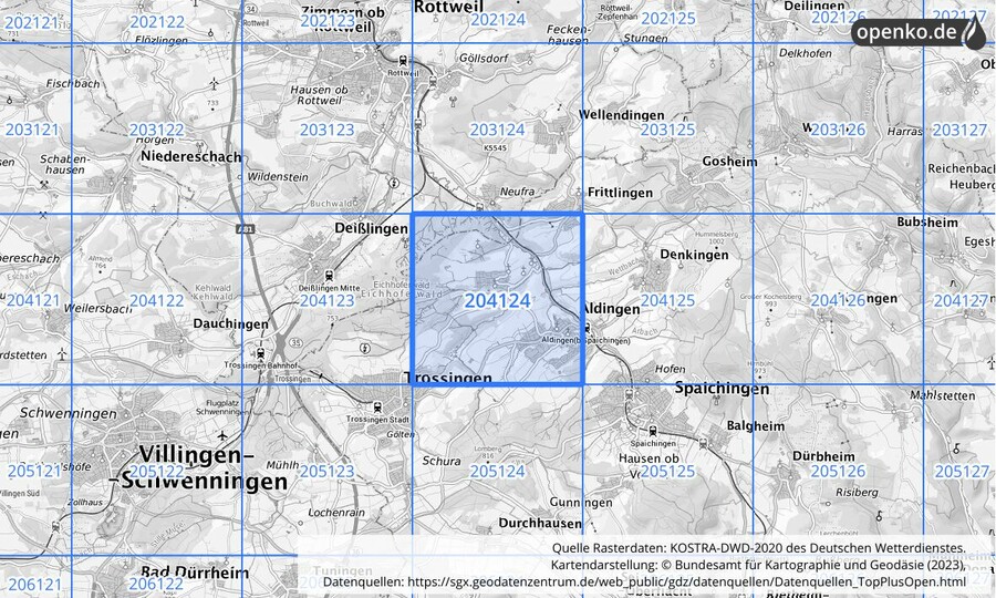 Übersichtskarte des KOSTRA-DWD-2020-Rasterfeldes Nr. 204124