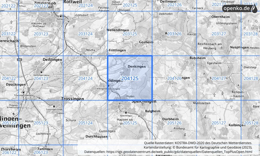 Übersichtskarte des KOSTRA-DWD-2020-Rasterfeldes Nr. 204125