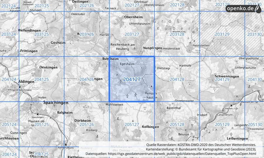 Übersichtskarte des KOSTRA-DWD-2020-Rasterfeldes Nr. 204127