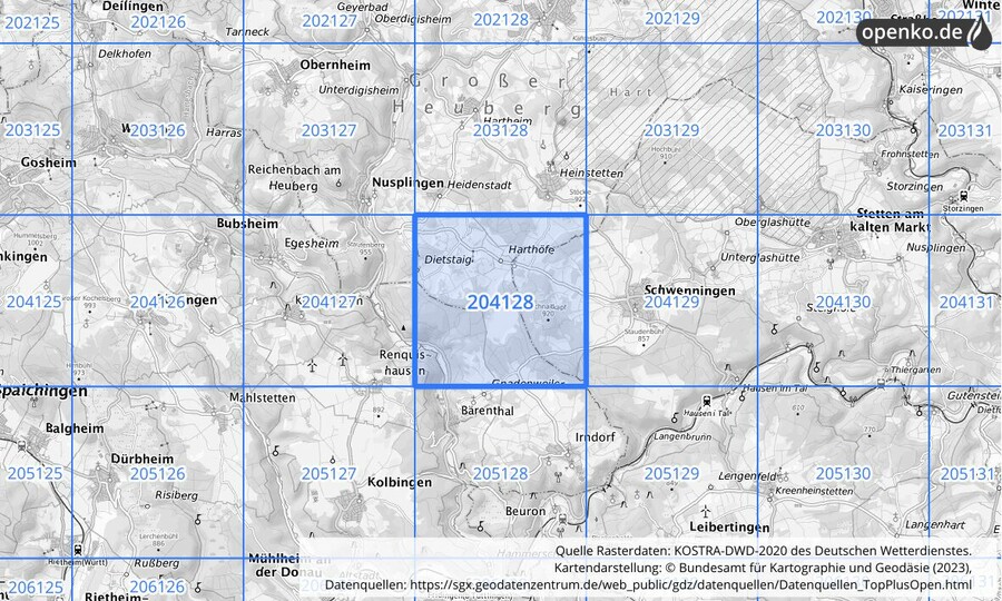 Übersichtskarte des KOSTRA-DWD-2020-Rasterfeldes Nr. 204128