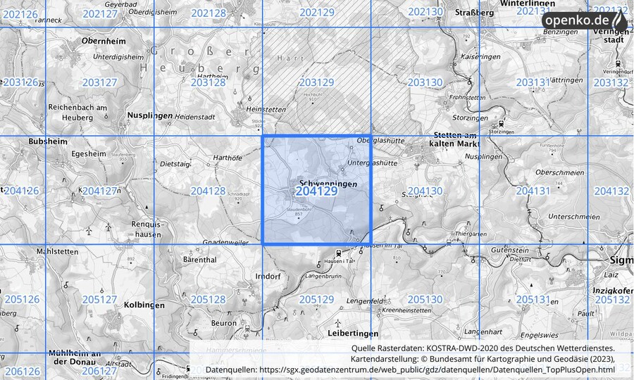 Übersichtskarte des KOSTRA-DWD-2020-Rasterfeldes Nr. 204129