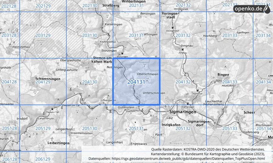 Übersichtskarte des KOSTRA-DWD-2020-Rasterfeldes Nr. 204131