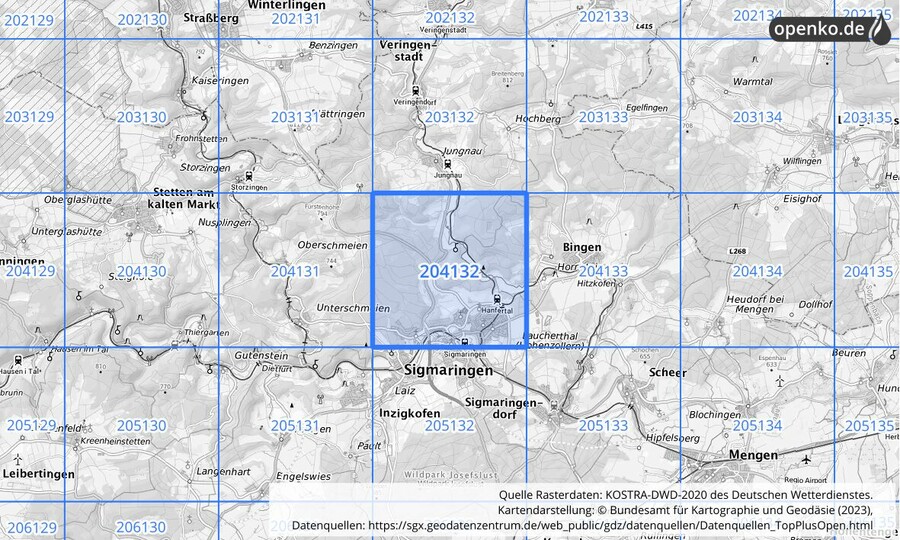 Übersichtskarte des KOSTRA-DWD-2020-Rasterfeldes Nr. 204132