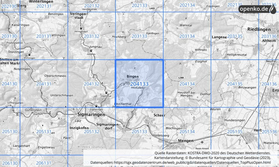 Übersichtskarte des KOSTRA-DWD-2020-Rasterfeldes Nr. 204133