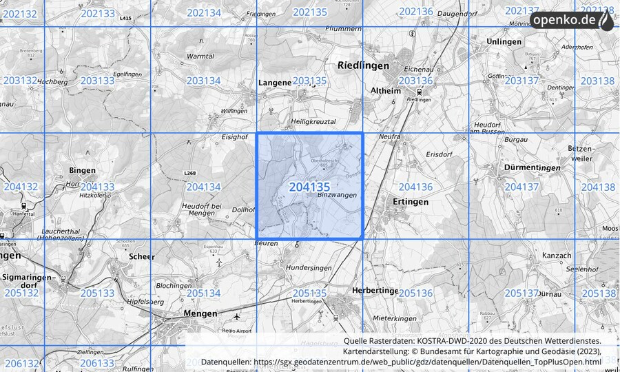 Übersichtskarte des KOSTRA-DWD-2020-Rasterfeldes Nr. 204135