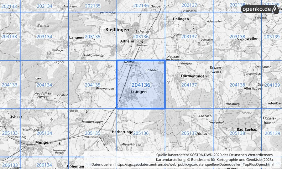 Übersichtskarte des KOSTRA-DWD-2020-Rasterfeldes Nr. 204136