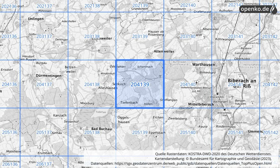 Übersichtskarte des KOSTRA-DWD-2020-Rasterfeldes Nr. 204139