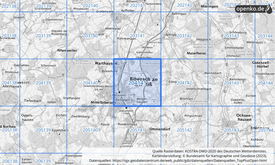 Übersichtskarte des KOSTRA-DWD-2020-Rasterfeldes Nr. 204141