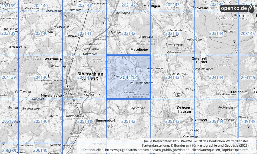 Übersichtskarte des KOSTRA-DWD-2020-Rasterfeldes Nr. 204142