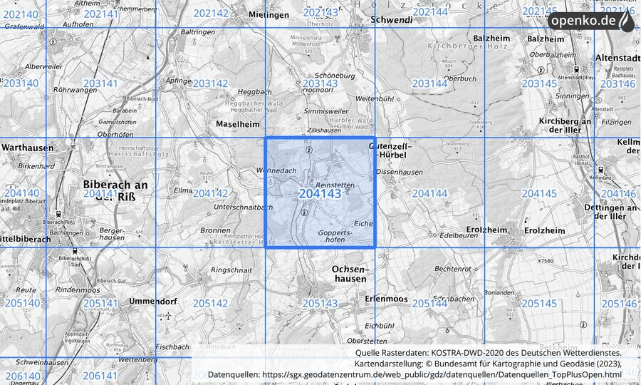 Übersichtskarte des KOSTRA-DWD-2020-Rasterfeldes Nr. 204143