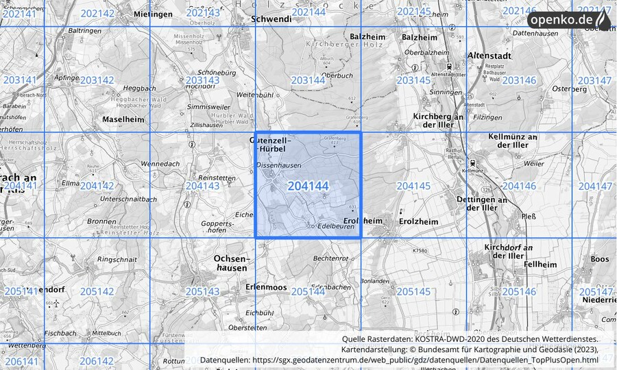 Übersichtskarte des KOSTRA-DWD-2020-Rasterfeldes Nr. 204144
