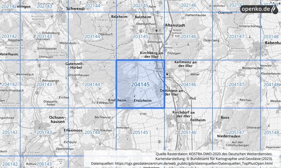 Übersichtskarte des KOSTRA-DWD-2020-Rasterfeldes Nr. 204145