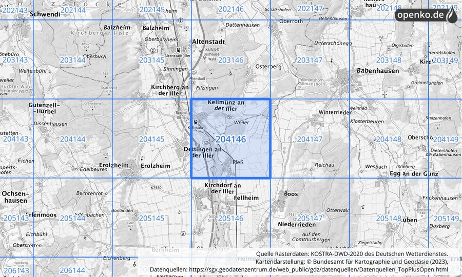 Übersichtskarte des KOSTRA-DWD-2020-Rasterfeldes Nr. 204146