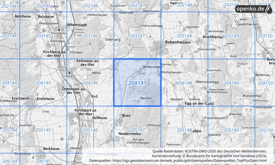 Übersichtskarte des KOSTRA-DWD-2020-Rasterfeldes Nr. 204147
