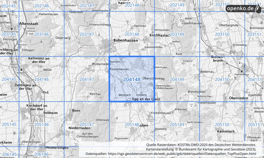 Übersichtskarte des KOSTRA-DWD-2020-Rasterfeldes Nr. 204148