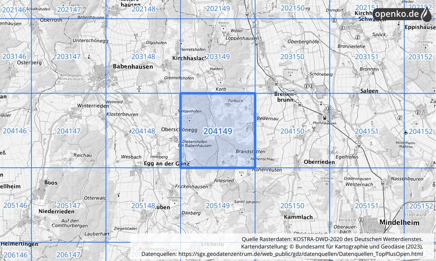 Übersichtskarte des KOSTRA-DWD-2020-Rasterfeldes Nr. 204149