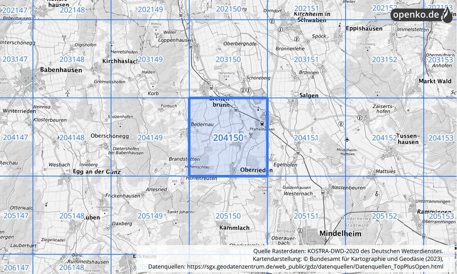 Übersichtskarte des KOSTRA-DWD-2020-Rasterfeldes Nr. 204150