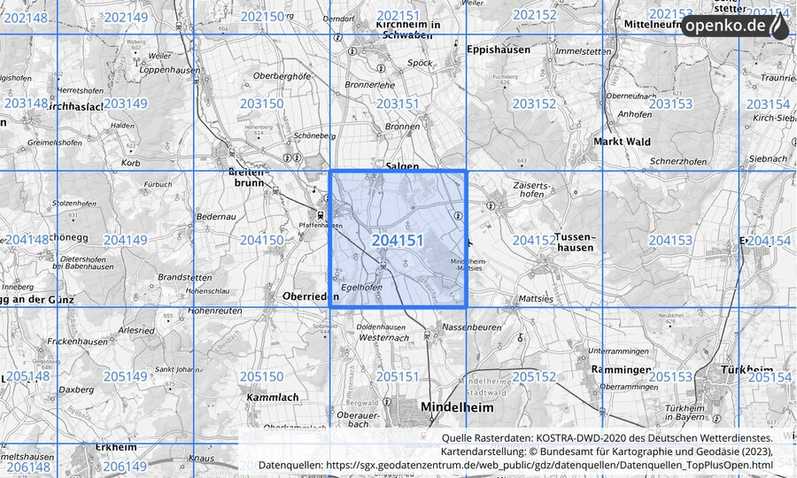 Übersichtskarte des KOSTRA-DWD-2020-Rasterfeldes Nr. 204151