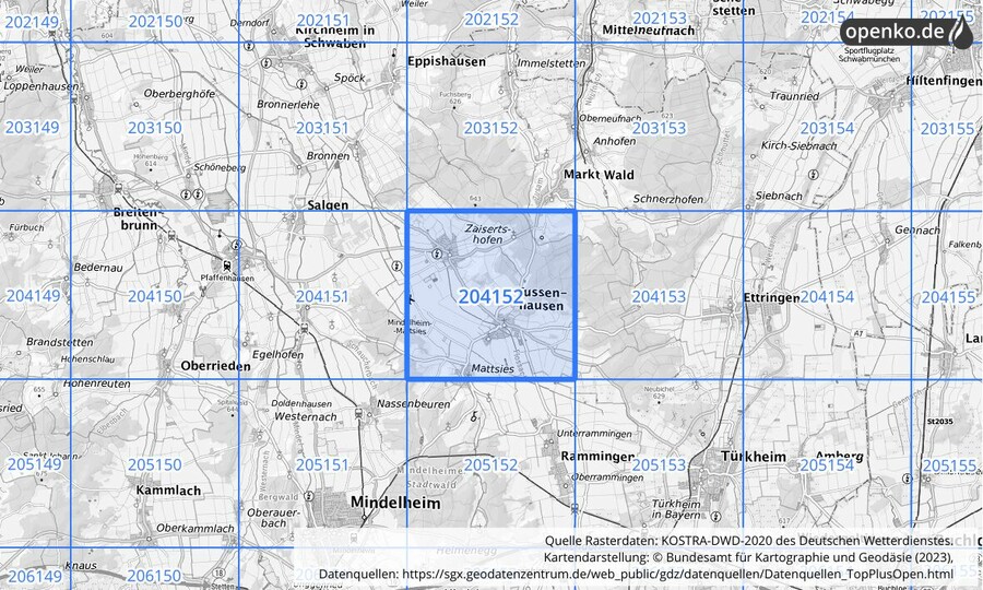 Übersichtskarte des KOSTRA-DWD-2020-Rasterfeldes Nr. 204152