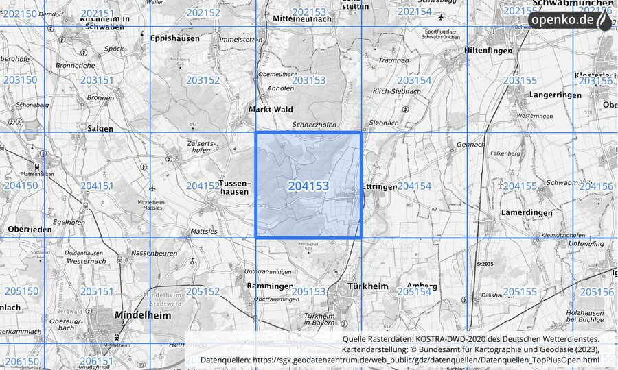 Übersichtskarte des KOSTRA-DWD-2020-Rasterfeldes Nr. 204153