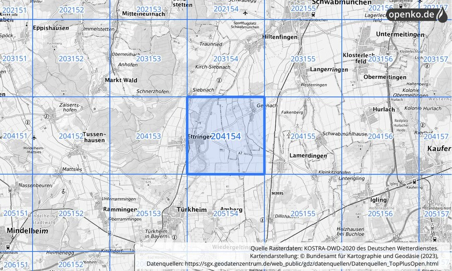 Übersichtskarte des KOSTRA-DWD-2020-Rasterfeldes Nr. 204154