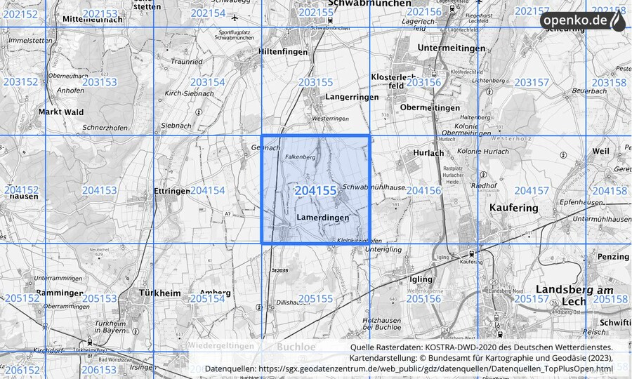 Übersichtskarte des KOSTRA-DWD-2020-Rasterfeldes Nr. 204155