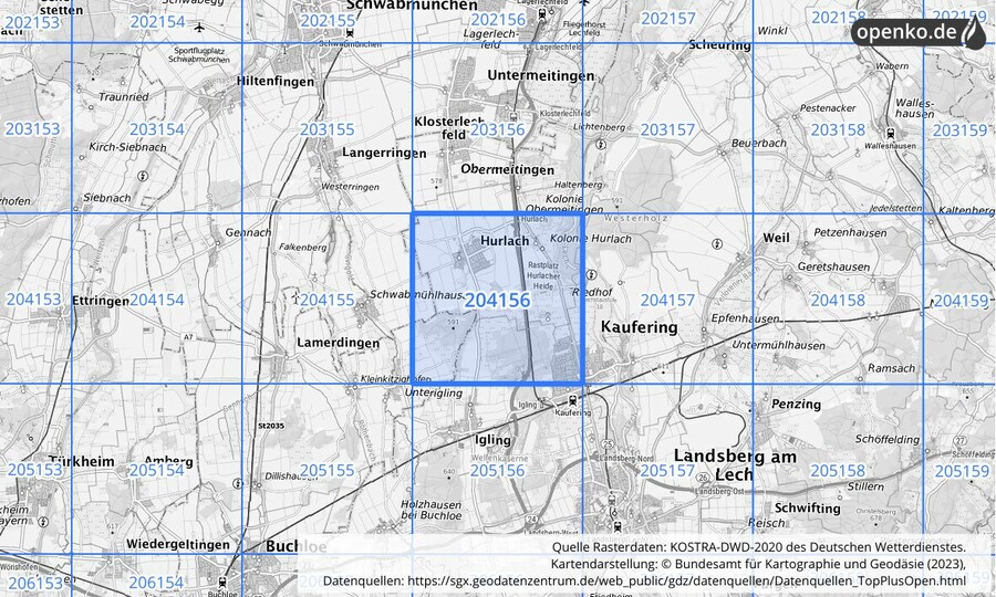 Übersichtskarte des KOSTRA-DWD-2020-Rasterfeldes Nr. 204156