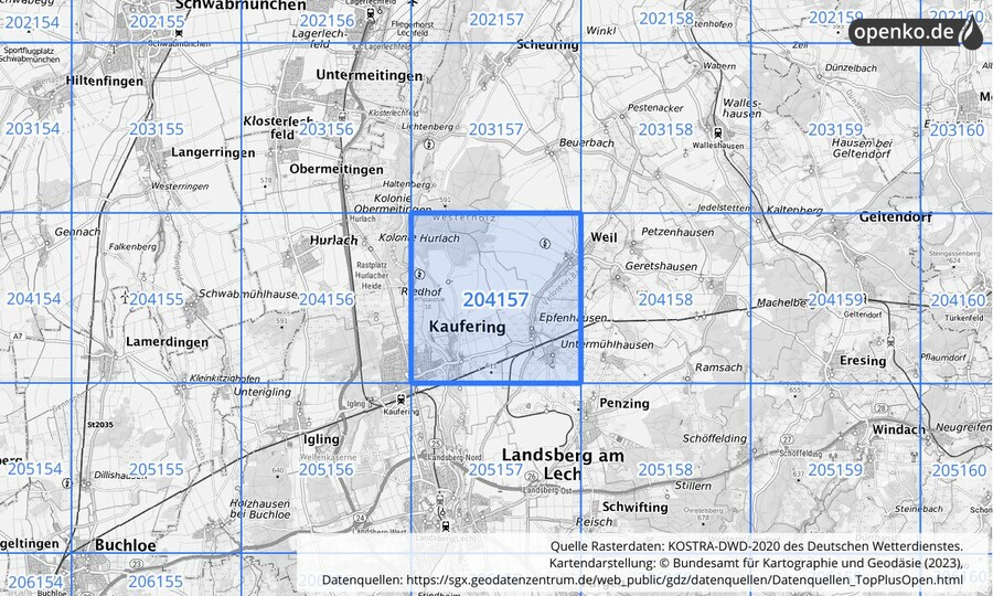 Übersichtskarte des KOSTRA-DWD-2020-Rasterfeldes Nr. 204157