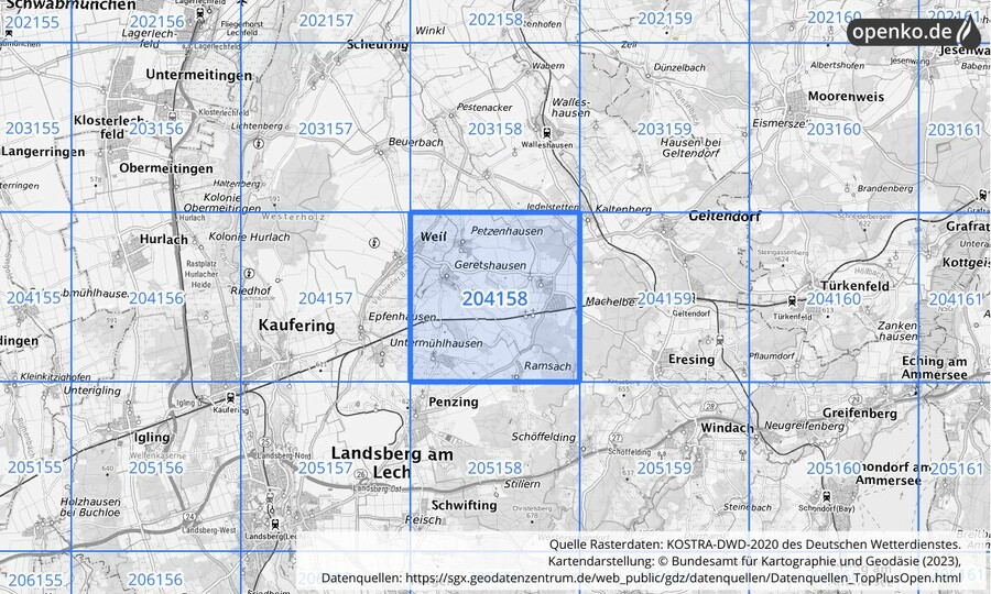 Übersichtskarte des KOSTRA-DWD-2020-Rasterfeldes Nr. 204158