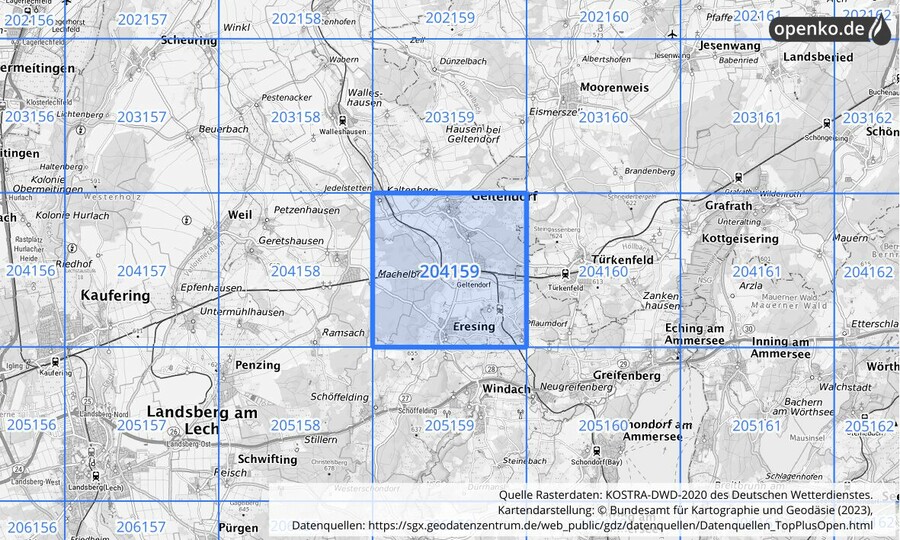 Übersichtskarte des KOSTRA-DWD-2020-Rasterfeldes Nr. 204159