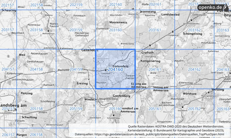 Übersichtskarte des KOSTRA-DWD-2020-Rasterfeldes Nr. 204160