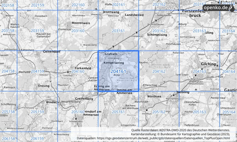 Übersichtskarte des KOSTRA-DWD-2020-Rasterfeldes Nr. 204161