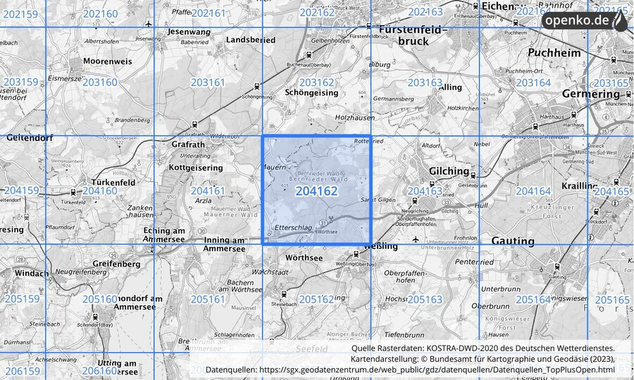 Übersichtskarte des KOSTRA-DWD-2020-Rasterfeldes Nr. 204162