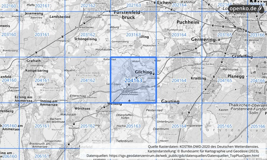 Übersichtskarte des KOSTRA-DWD-2020-Rasterfeldes Nr. 204163