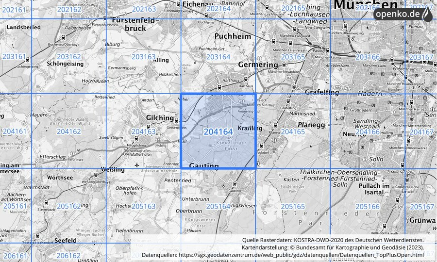 Übersichtskarte des KOSTRA-DWD-2020-Rasterfeldes Nr. 204164