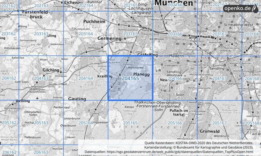 Übersichtskarte des KOSTRA-DWD-2020-Rasterfeldes Nr. 204165